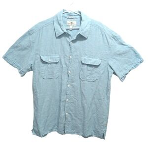 Island Shores Men's XL Blue Linen Cotton Button Up‎ Shirt Short Sleeve Resort